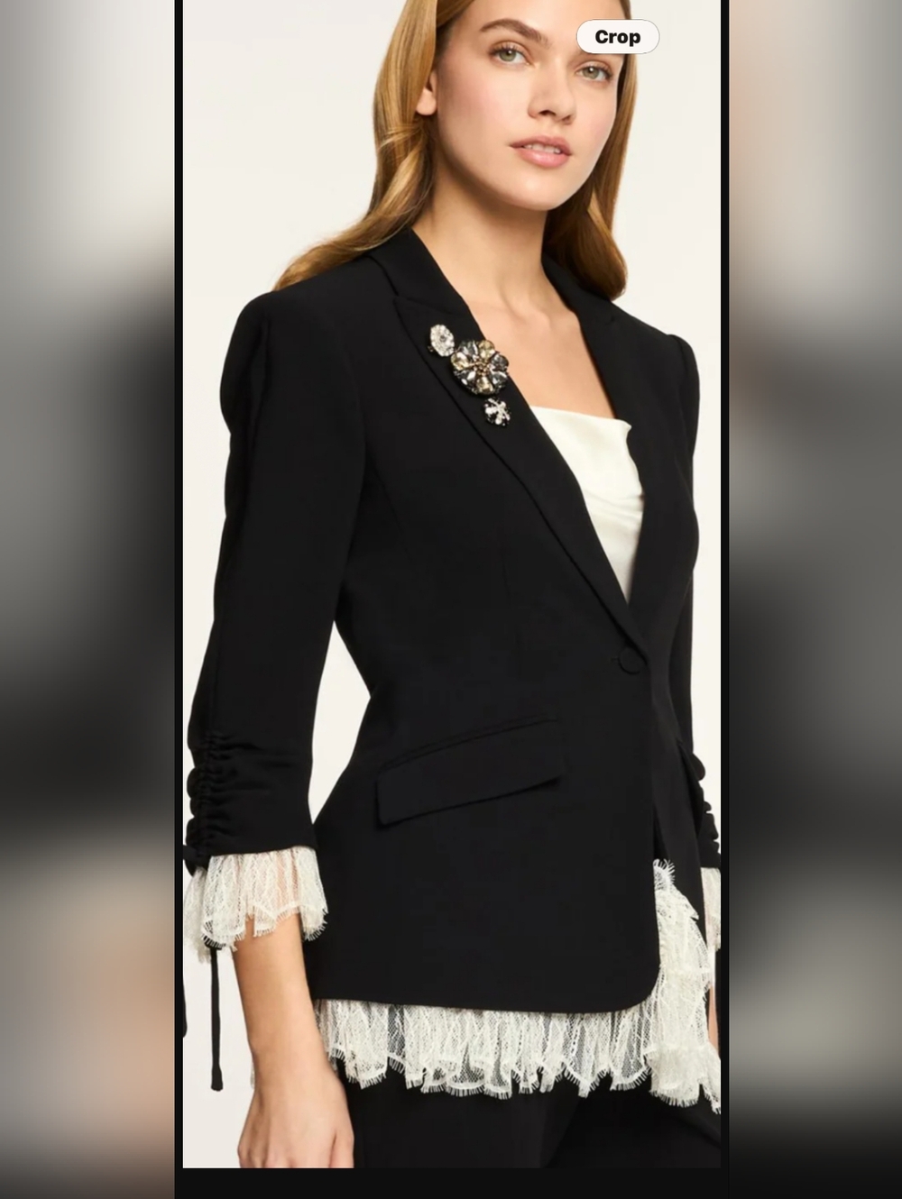cinq a sept Black Blazer with White Lace Trim and Jewel Brooch